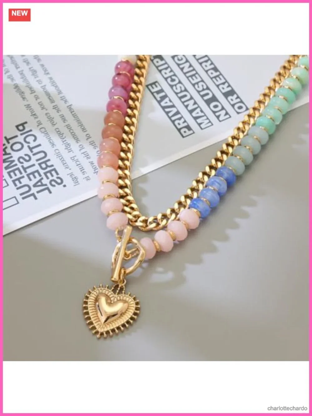 Layered Acrylic Bead Choker Necklace with 14k Gold Plated Heart Pendant for